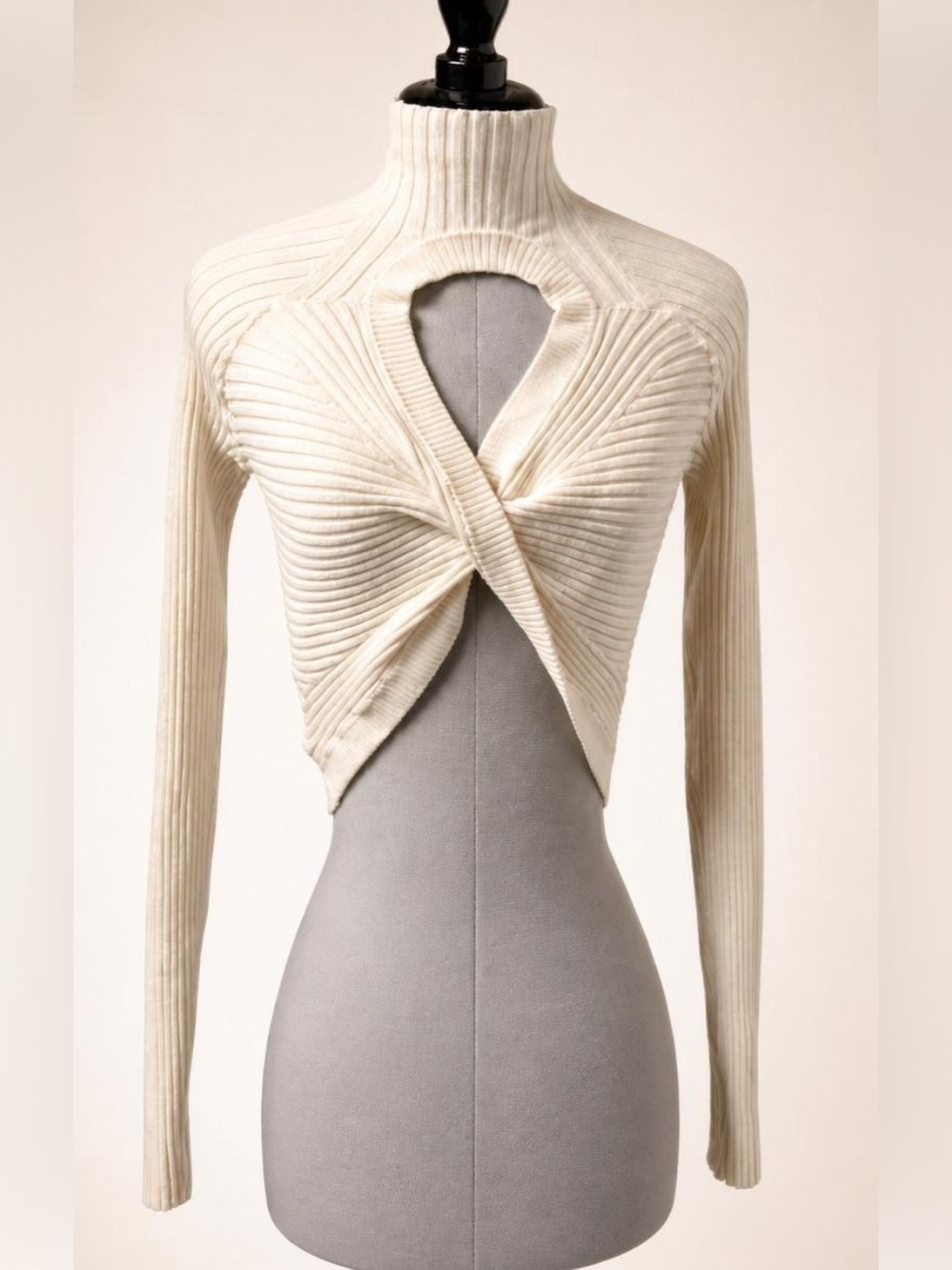 Dion Lee Cream Ribbed Twist-Front Crop Turtleneck Sweater